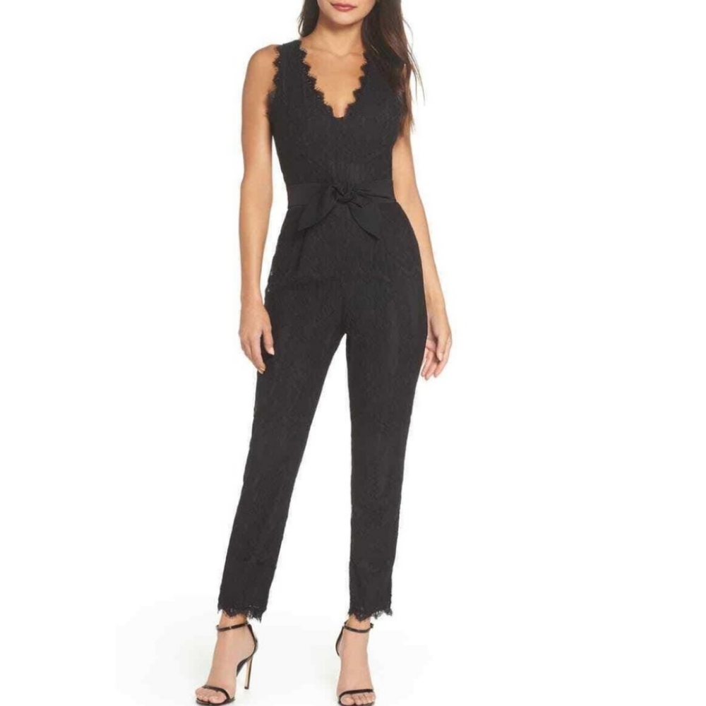 Anthropologie Black Lace Sleeveless Jumpsuit with Waist Tie
